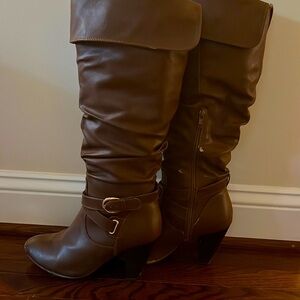 Brown slouchy tall heeled boots